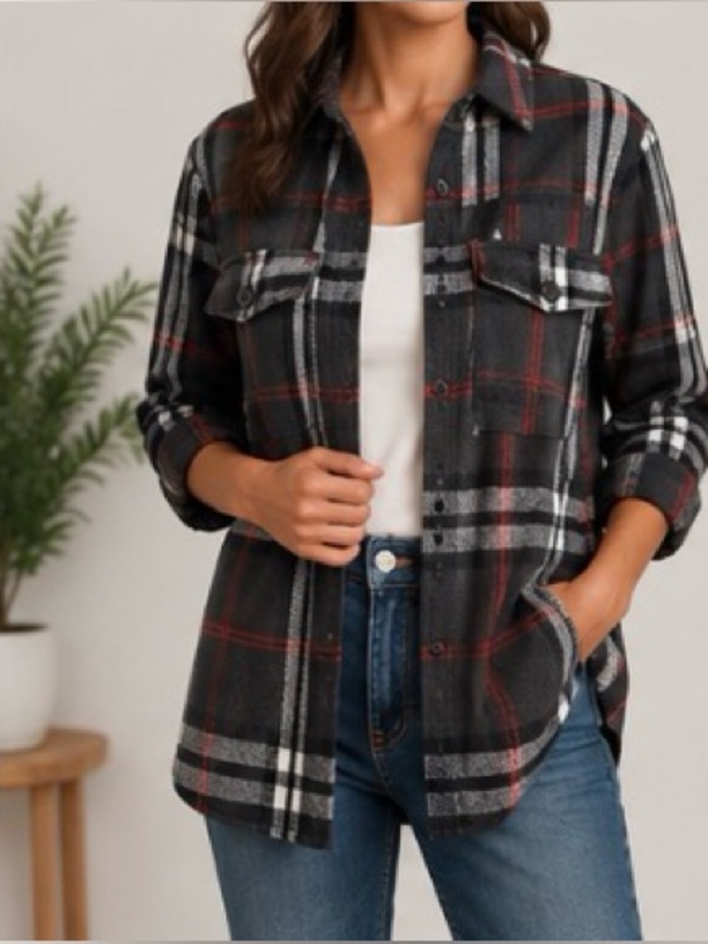 Ookie & Lala Plaid Shacket Jacket Large Charcoal Red White Button Front
